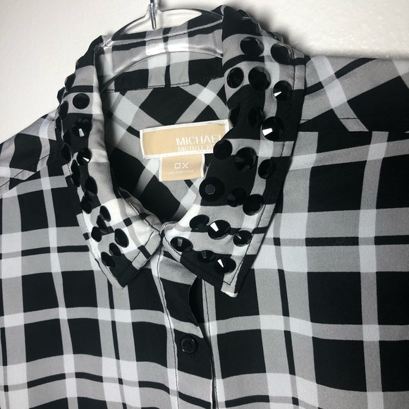 Michael Kors Blouse Plaid Rhinestone Size 0X Sheer Button Up Sleeves Western - Picture 5 of 10
